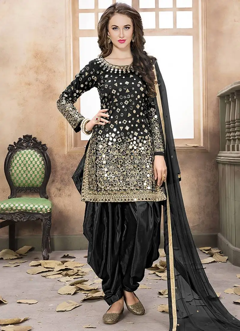 Black embroidered mirror work silk patiala suits semi stitched
