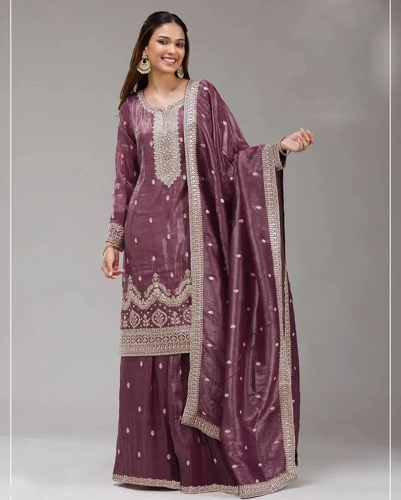 Burgundy color embroideried faux glass tissue salwar suit semi stitched