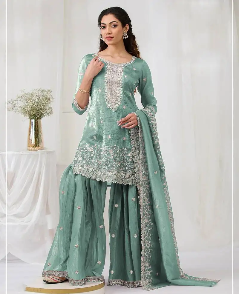 Sea green color embroideried faux glass tissue salwar suit semi stitched