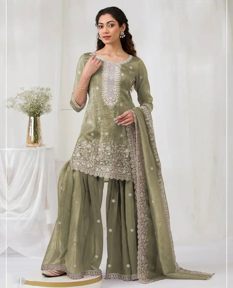 Mehendi color embroideried faux glass tissue salwar suit semi stitched