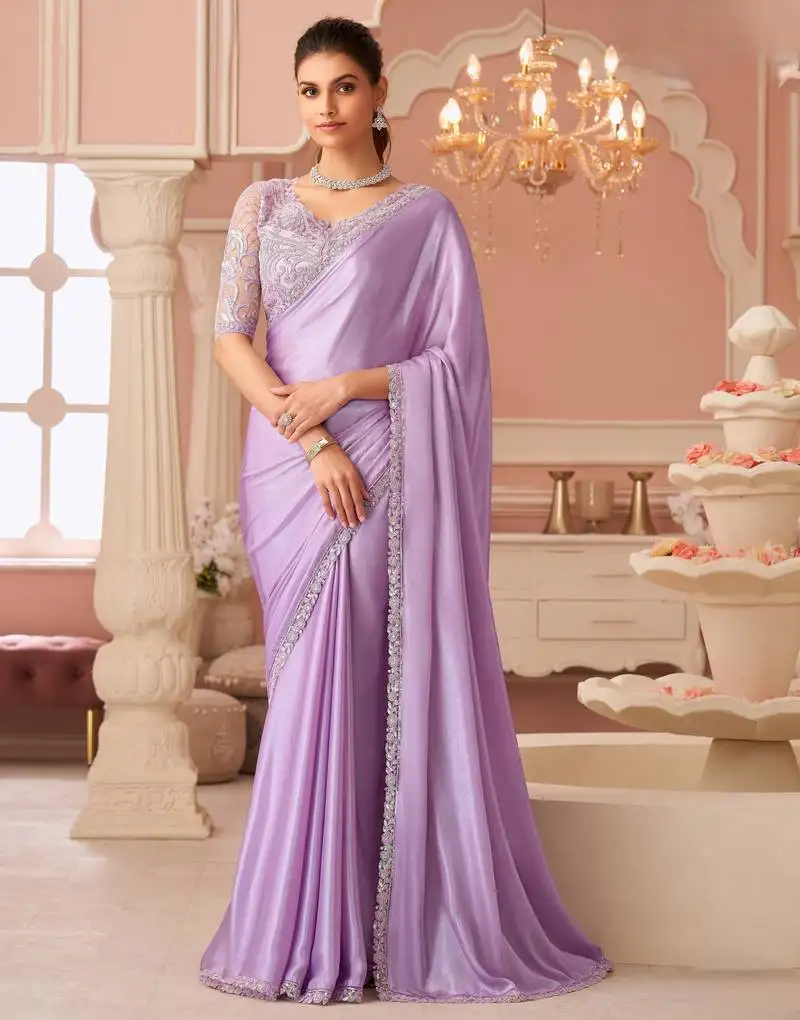 Lavendor chiffon silk with embroidery & banglori silk unstitched blouse – designer saree for festive wear