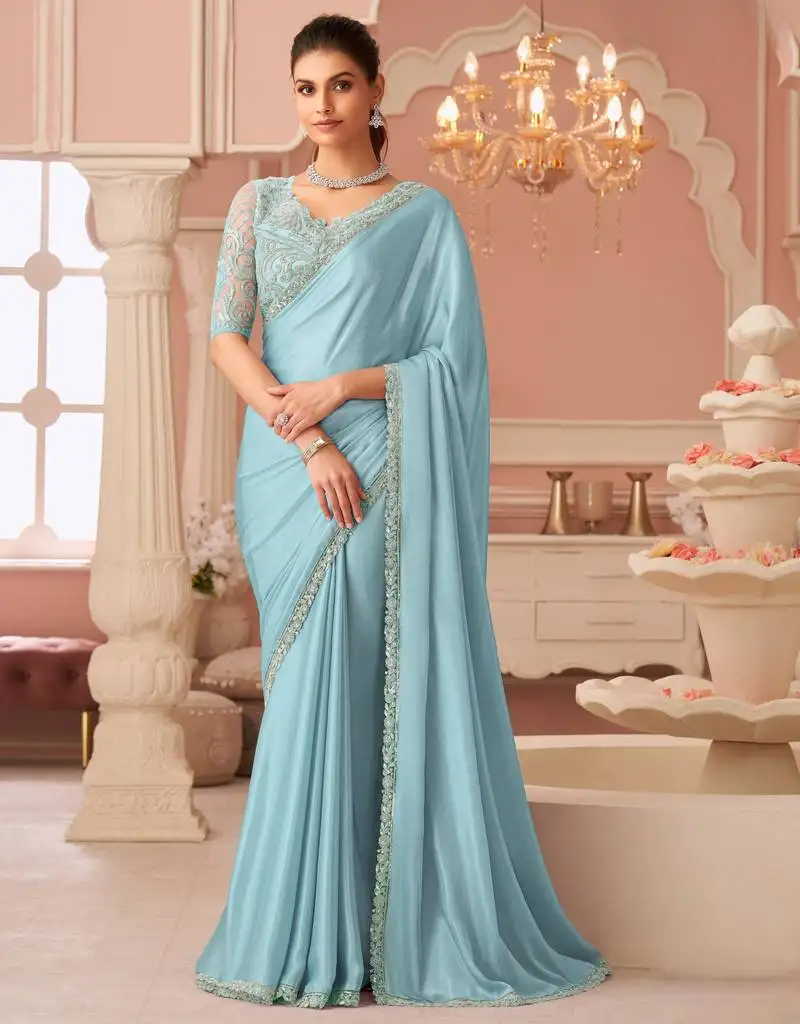 Skyblue rainbow chiffon silk with embroidery & banglori silk unstitched blouse – designer saree for festive wear