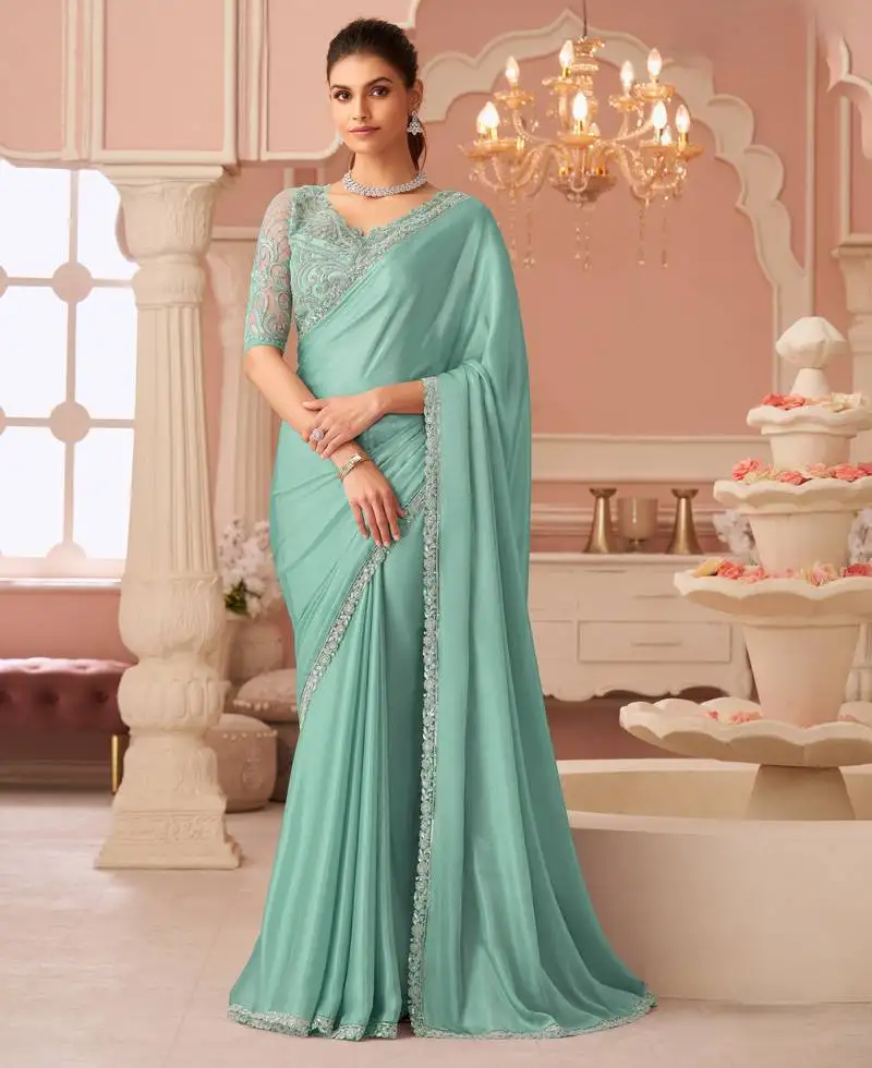 Seagreen rainbow chiffon silkwith embroidery & banglori silk unstitched blouse – designer saree for festive wear