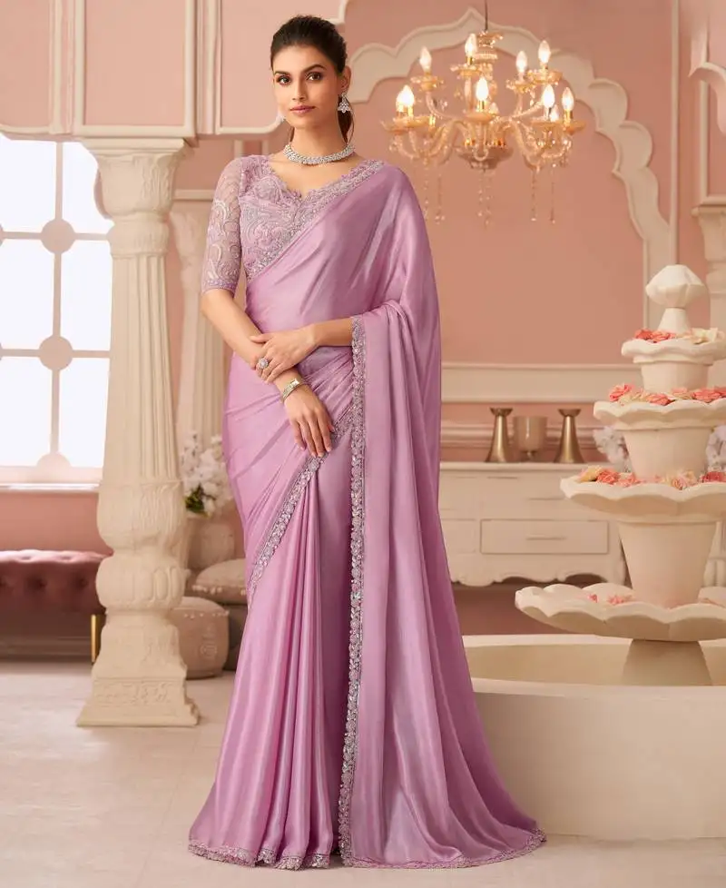 Pink rainbow chiffon silk with embroidery & banglori silk unstitched blouse – designer saree for festive wear