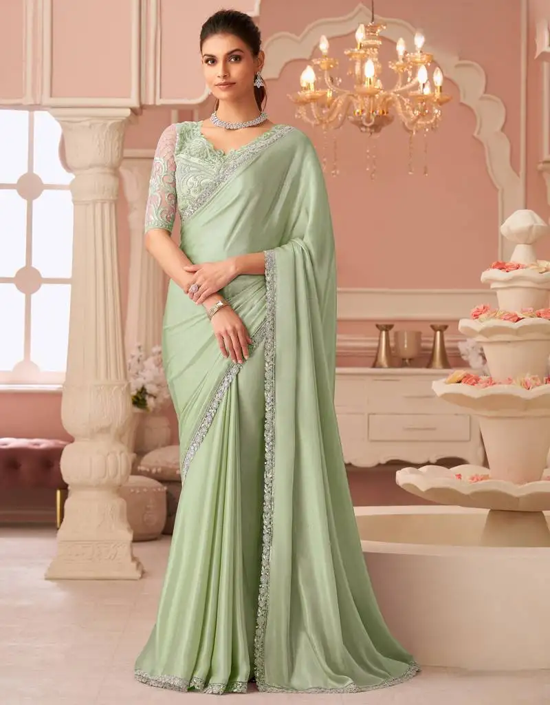 Light green rainbow chiffon silk with embroidery & banglori silk unstitched blouse – designer saree for festive wear