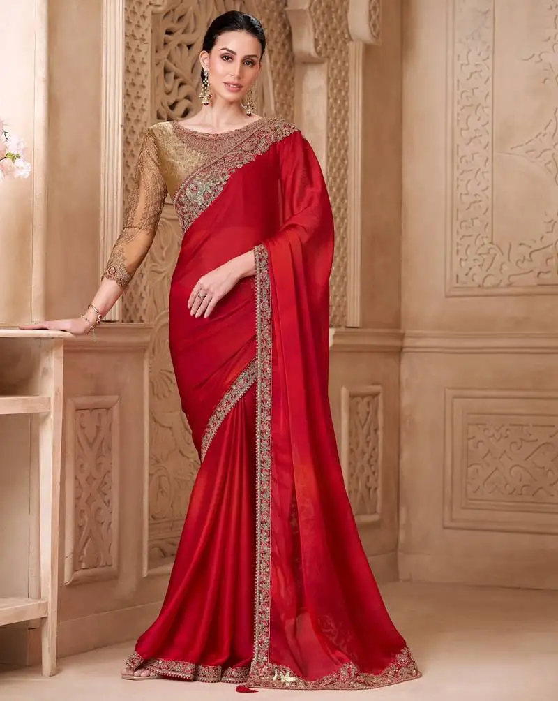 Blooming red satin silk saree with brocade blouse