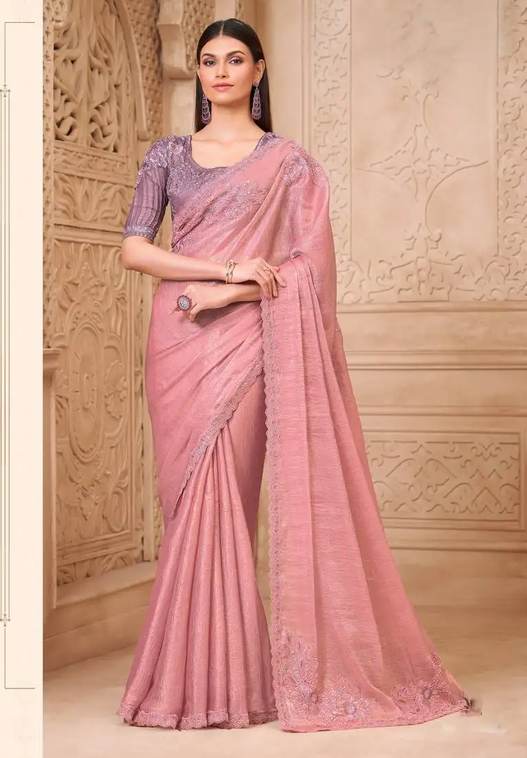 Pink crush satin georgette saree with silk blouse