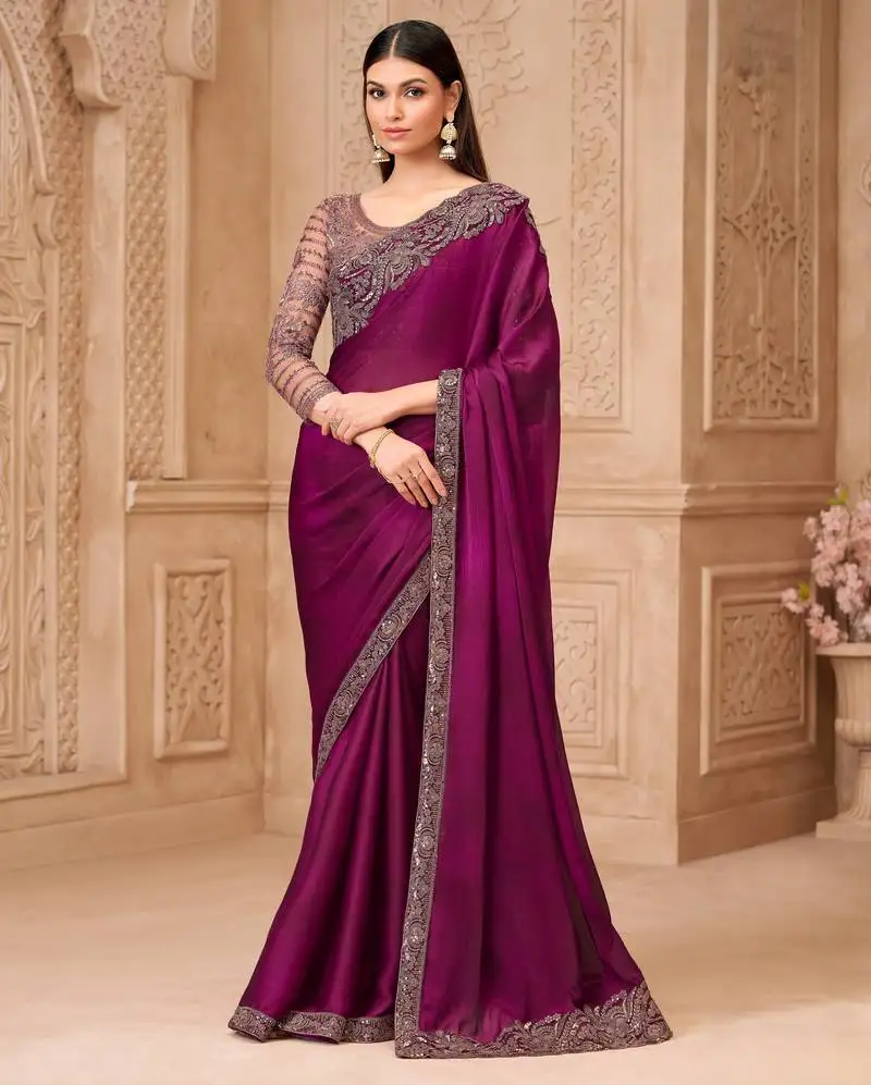 Rich wine satin georgette saree with brocade blouse