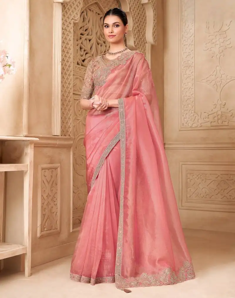 Gold pink tissue georgette saree with brocade blouse