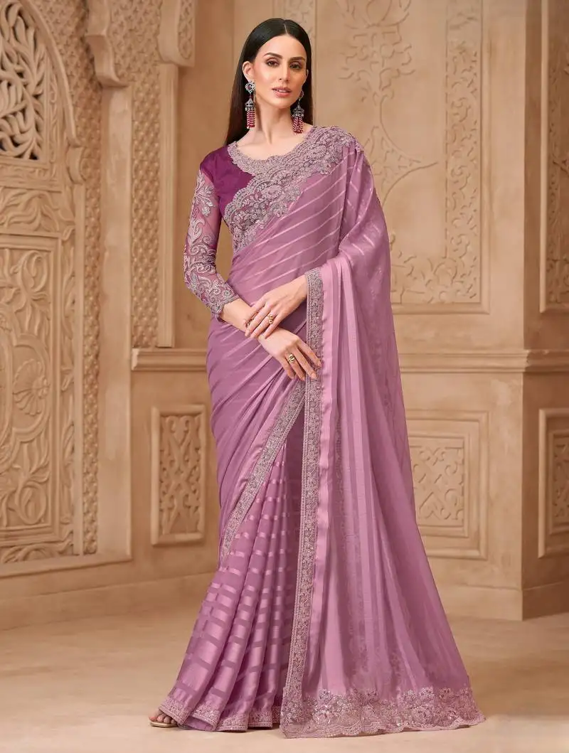 Onion satin georgette pattern saree with tussar silk blouse