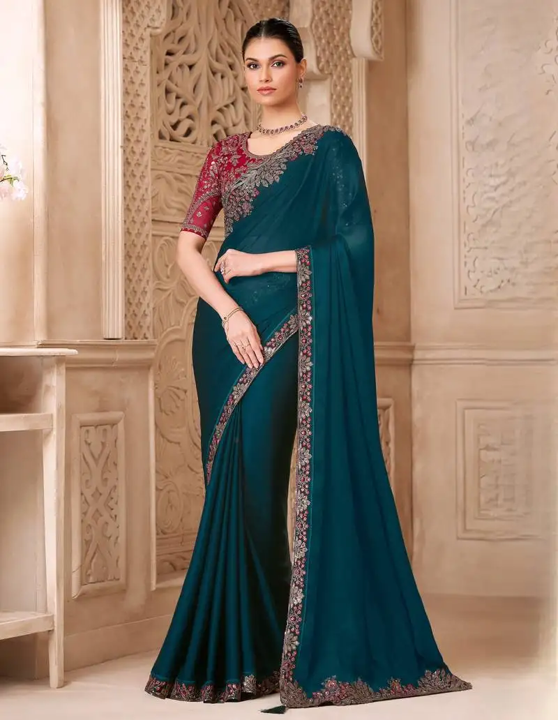 Peacock blue satin georgette saree with tussar silk blouse