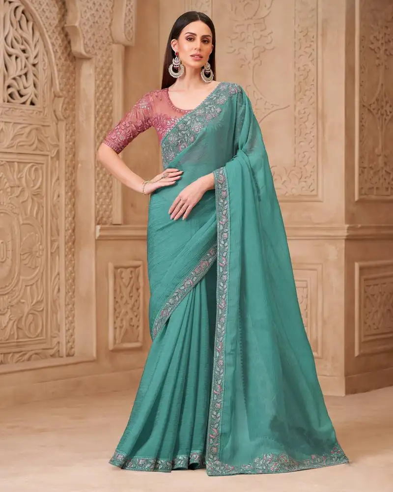 Dusty blue satin crush georgette saree with tussar silk blouse