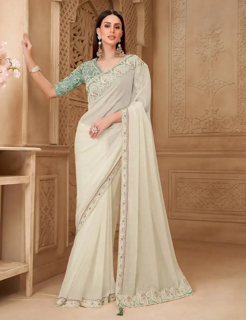 Powder white georgette silk saree with satin silk blouse