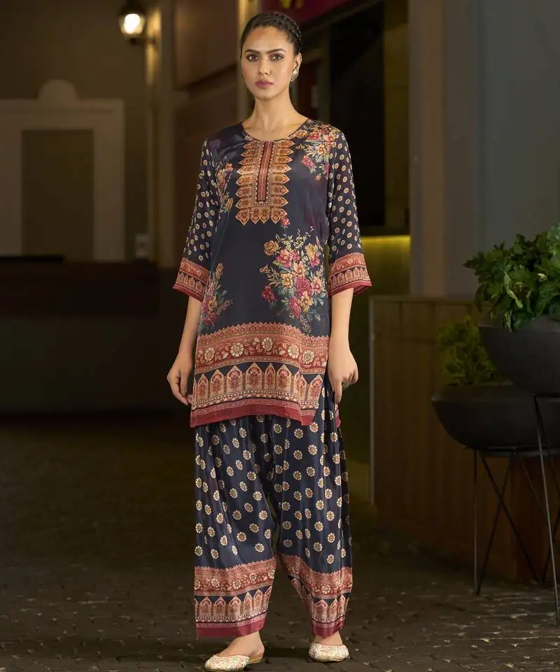 Navy blue pure crepe abstract print festive & party co-ord set