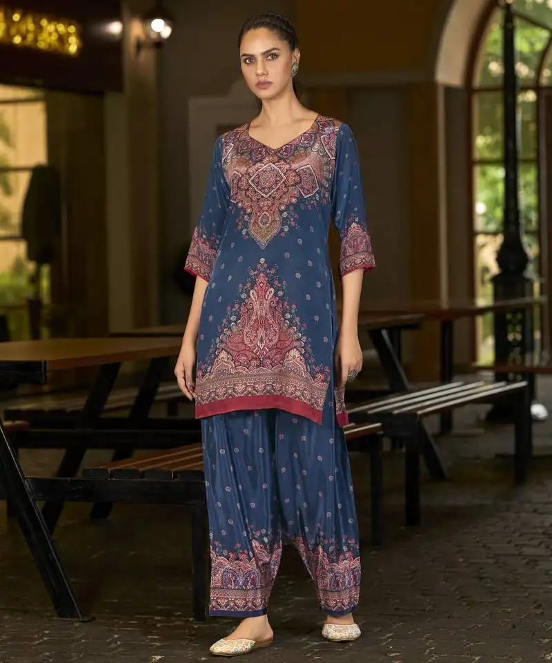 Blue pure crepe abstract print festive & party co-ord set