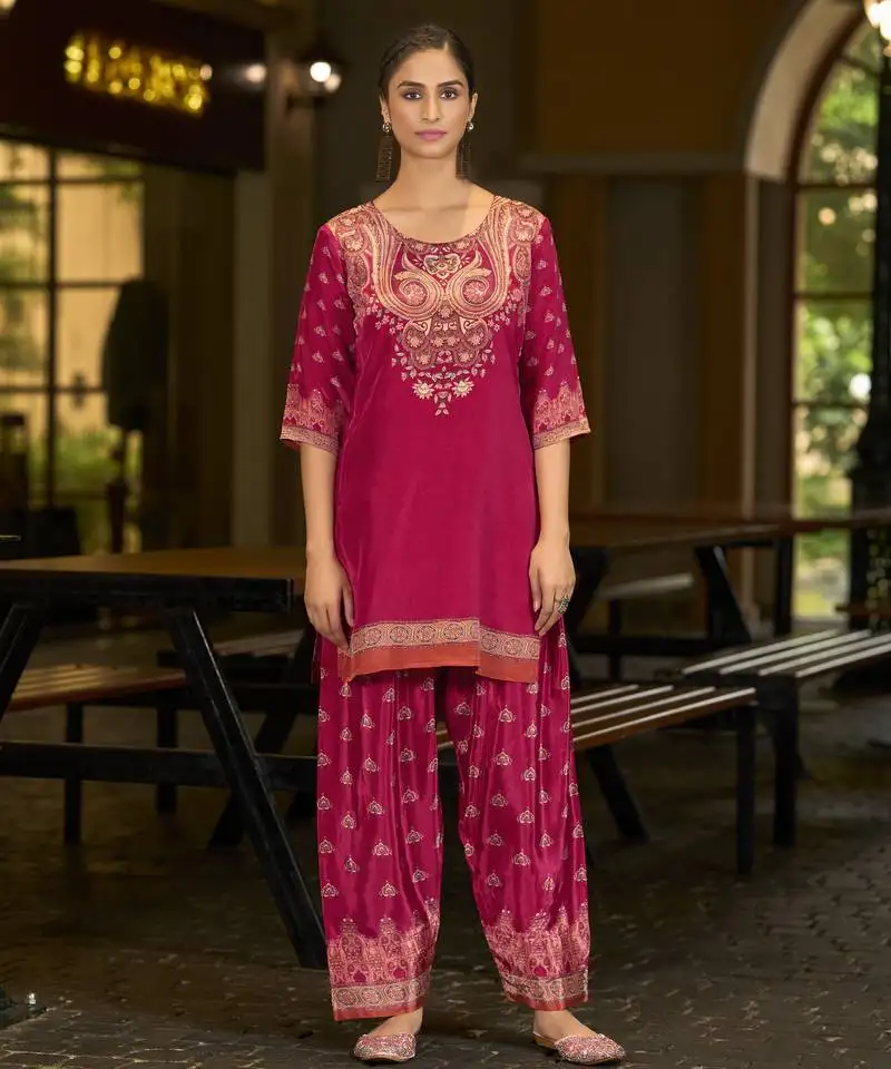 Fuchsia pink pure crepe abstract print festive & party co-ord set