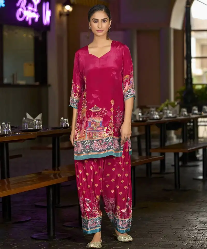 Maroon pure crepe abstract print festive & party co-ord set