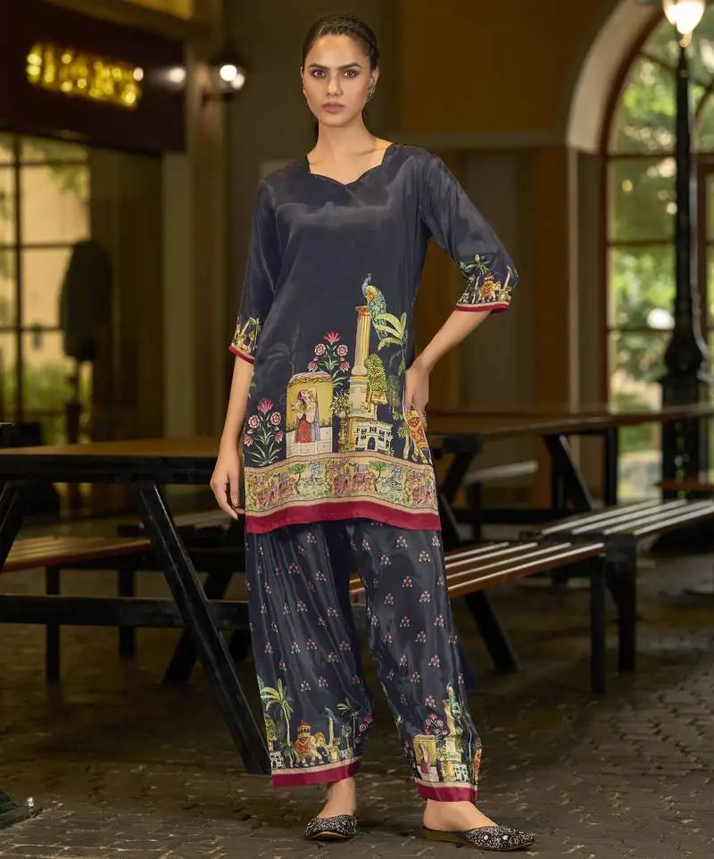 Black pure crepe abstract print festive & party co-ord set