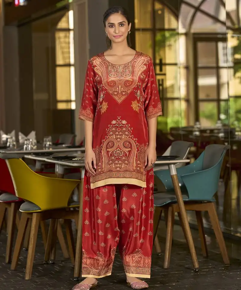 Red pure crepe abstract print festive & party co-ord set