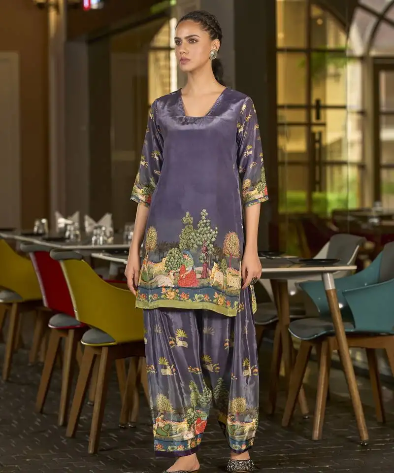 Purple pure crepe abstract print festive & party co-ord set