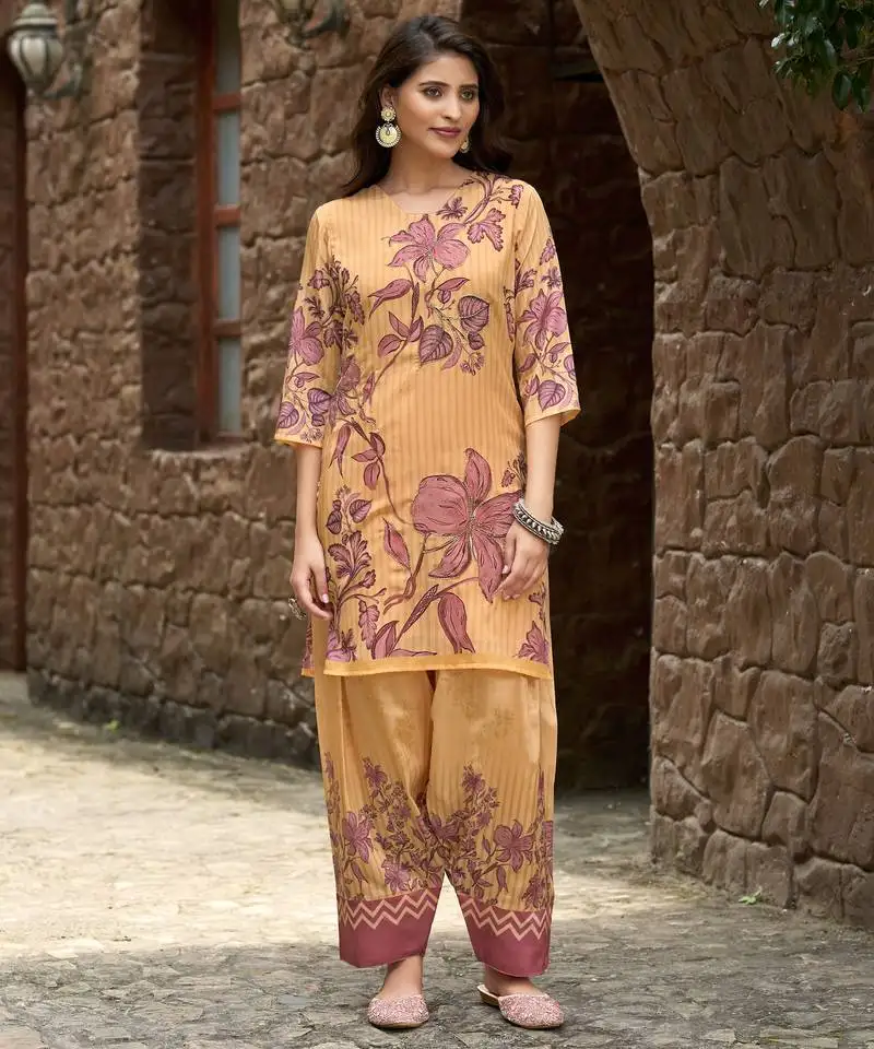Mustard chinon chiffon floral printed embellished festive & party co-ord set