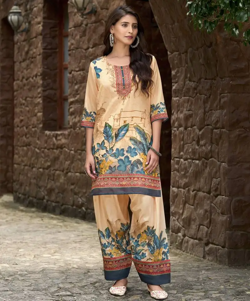 Beige chinon chiffon floral printed embellished festive & party co-ord set