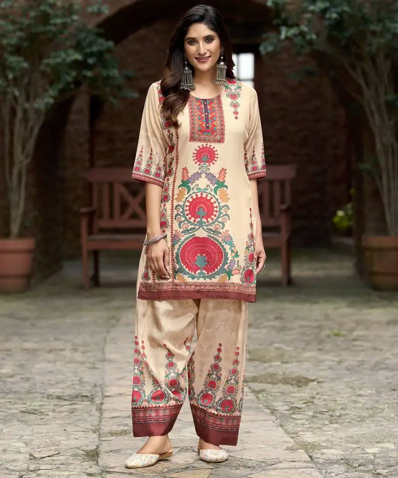 Beige chinon chiffon geometric printed embellished festive & party co-ord set
