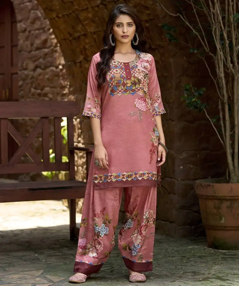 Mauve chinon chiffon floral printed embellished festive & party co-ord set