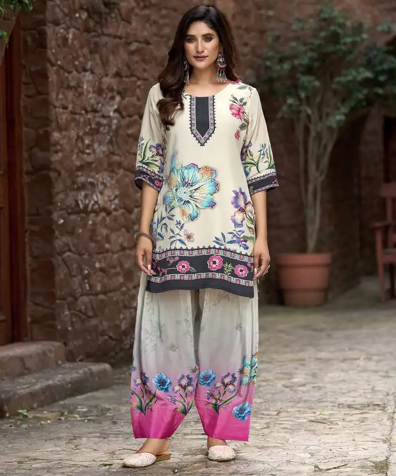 Beige pure crepe floral printed embellished festive & party co-ord set