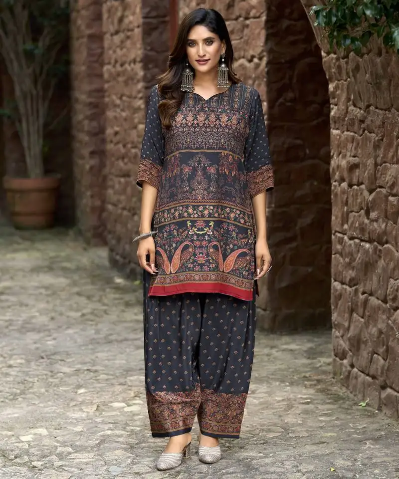 Black pure crepe geometric printed embellished festive & party co-ord set