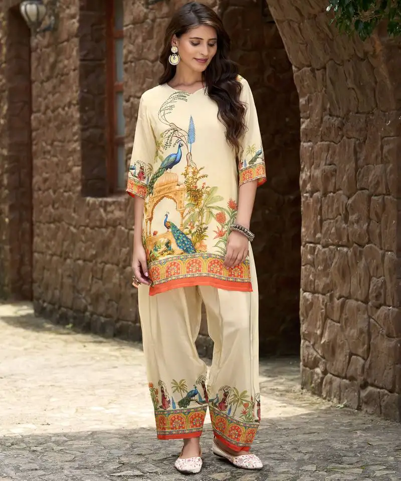 Beige pure crepe animal printed embellished festive & party co-ord set