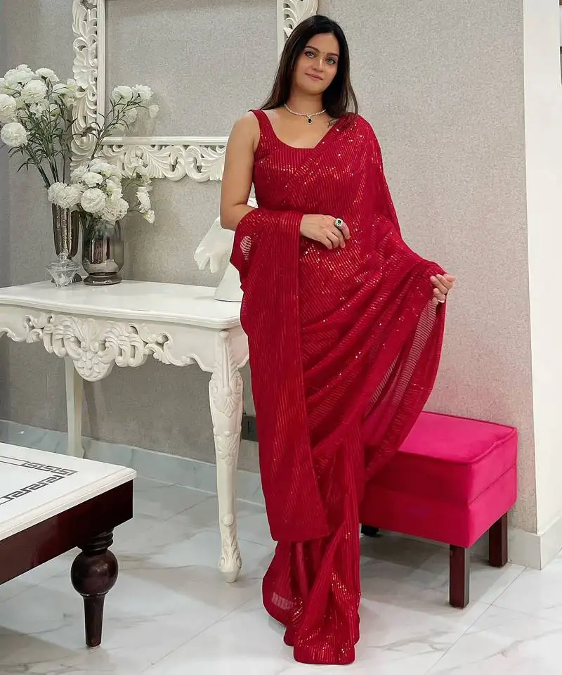 Maroon heavy sequance embroidery work georgette saree with blouse piece