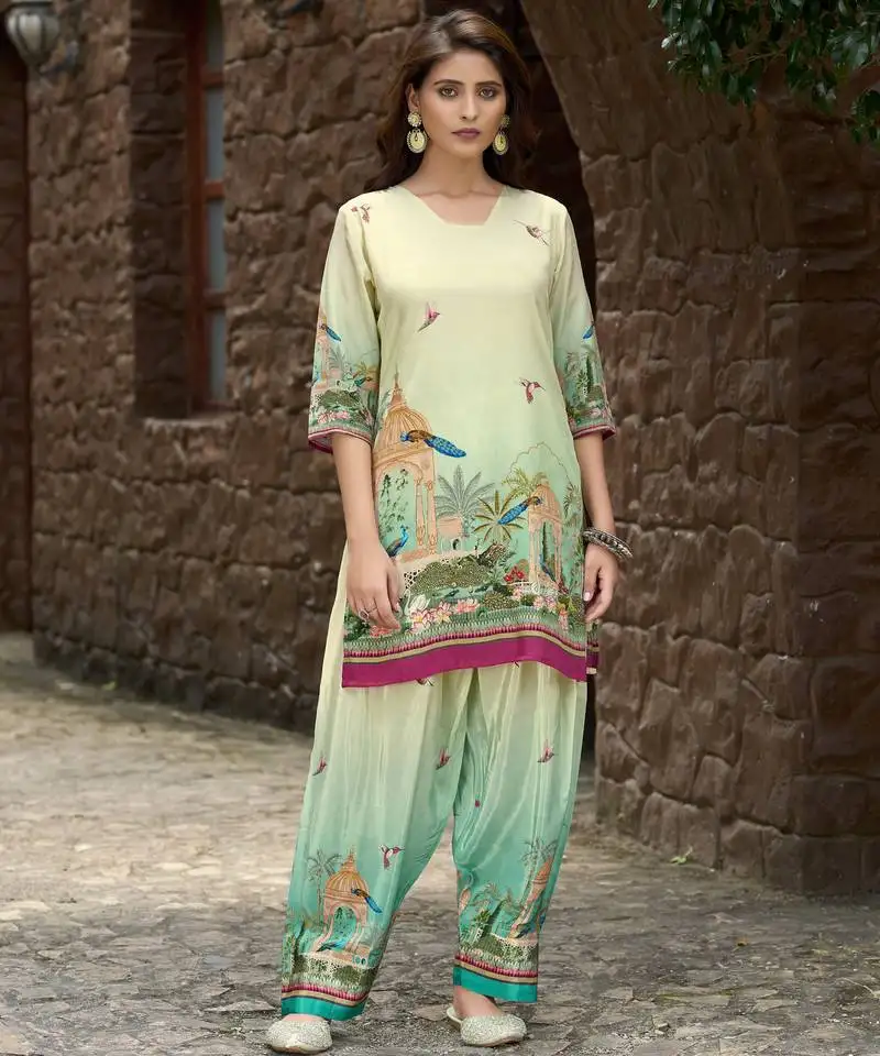 Green pure crepe animal printed embellished festive & party co-ord set