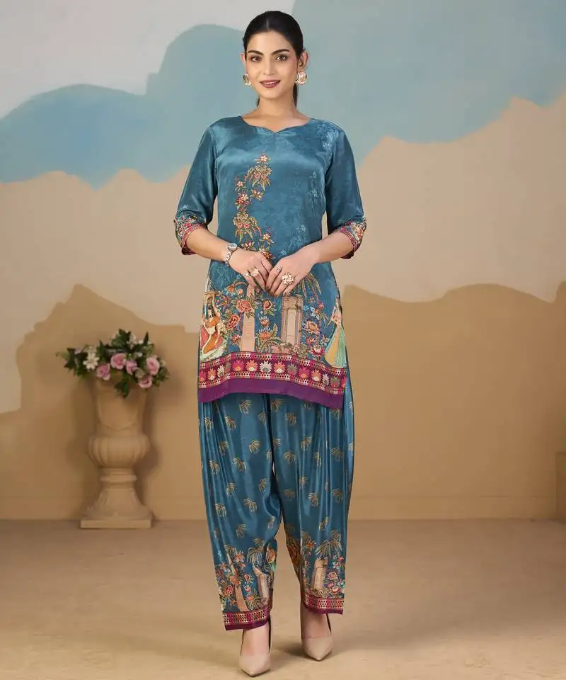 Teal blue pure crepe floral printed embellished festive & party co-ord set