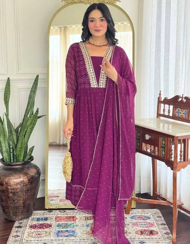 Ethnic festive wear wine georgette stitched suit with dupatta