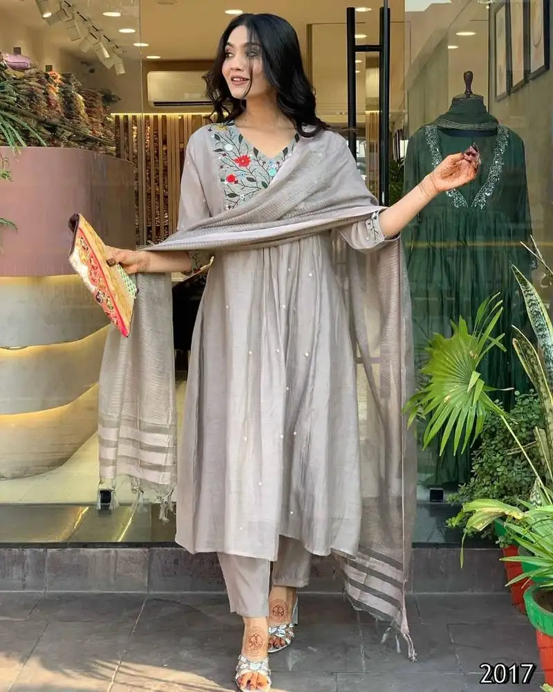 Grey chinon viscose stitched suit with dupatta