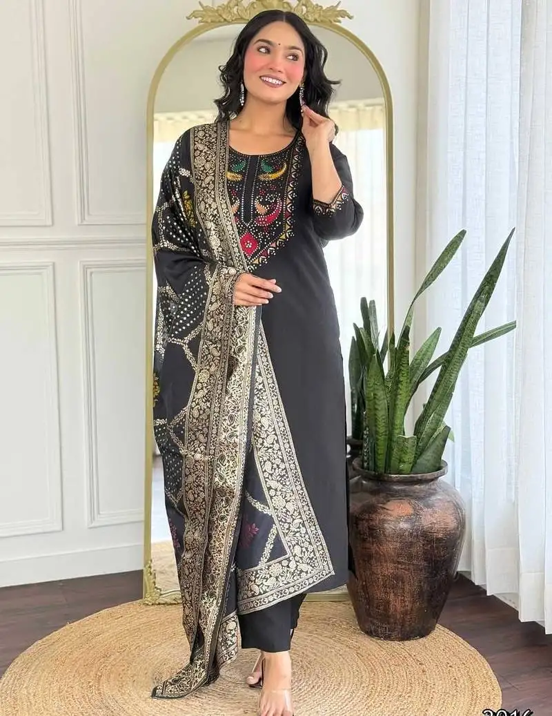 Black roman silk stitched suit with dupatta