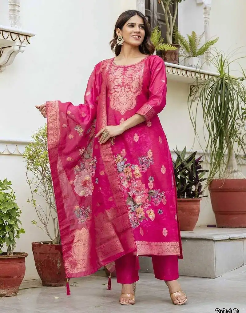 Red chanderi cotton stitched suit with dupatta