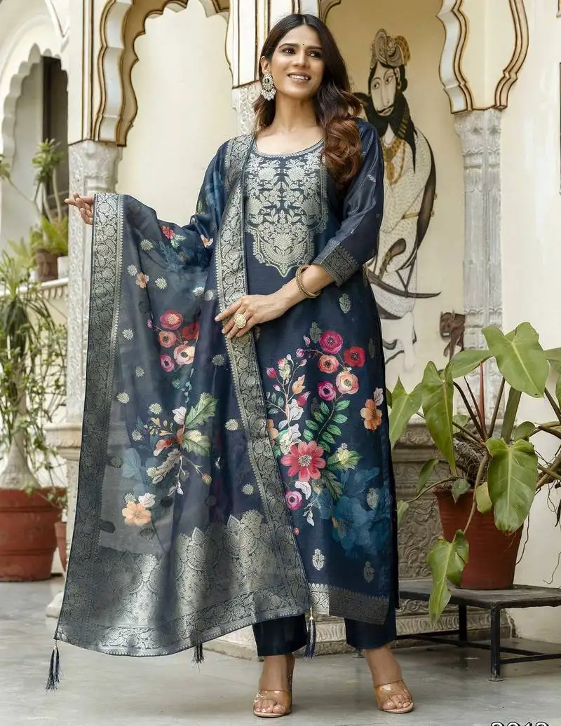 Blue chanderi cotton stitched suit with dupatta