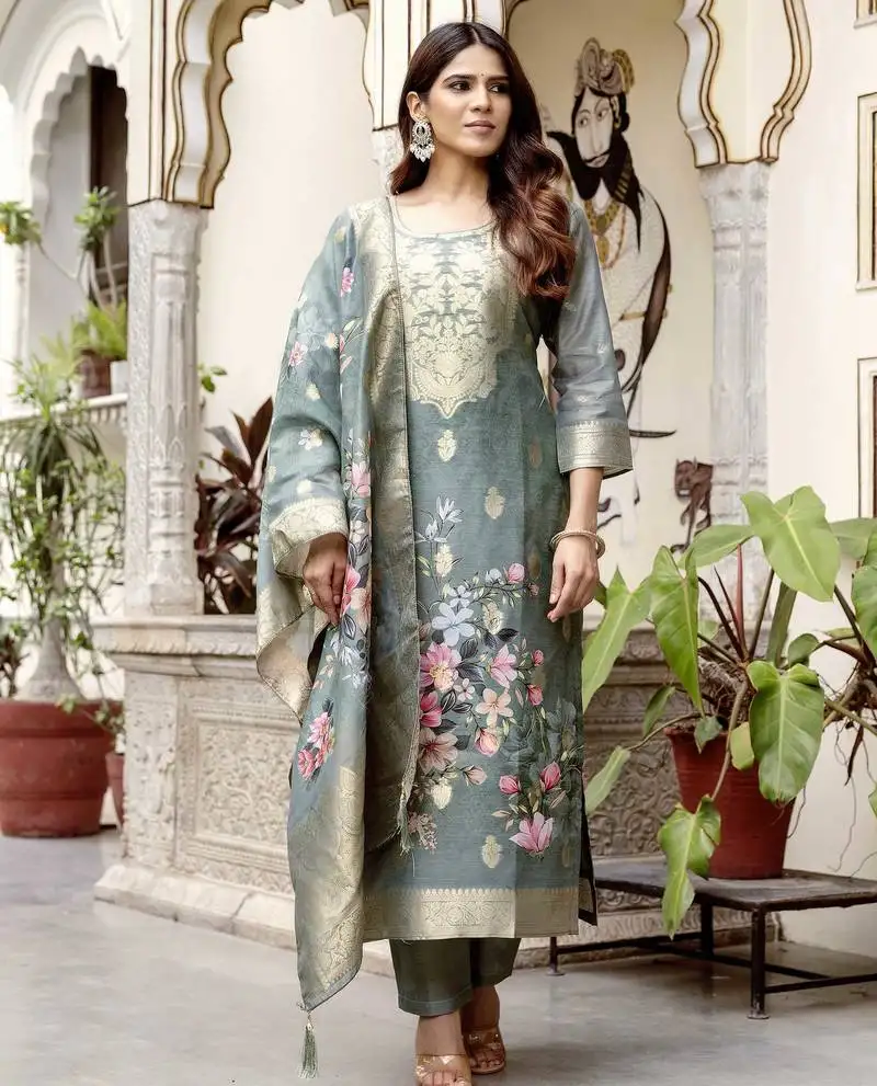 Grey chanderi cotton stitched suit with dupatta