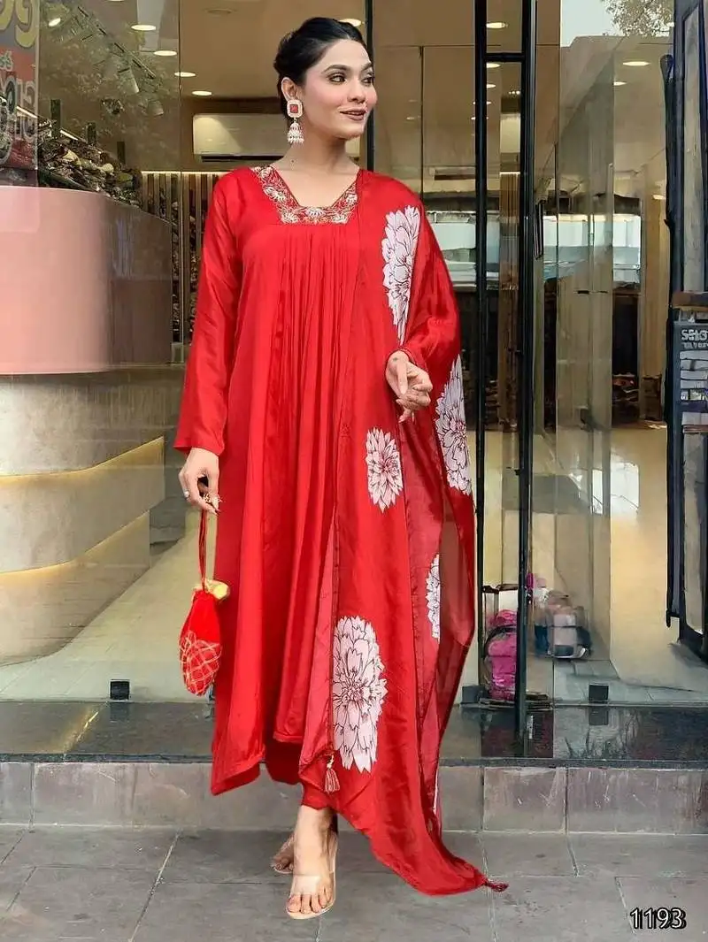 Ethnic festive wear red rayon stitched suit with dupatta