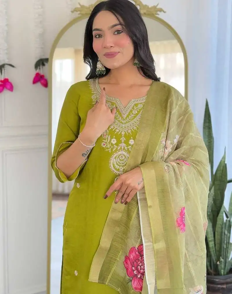 Green viscose stitched suit with dupatta