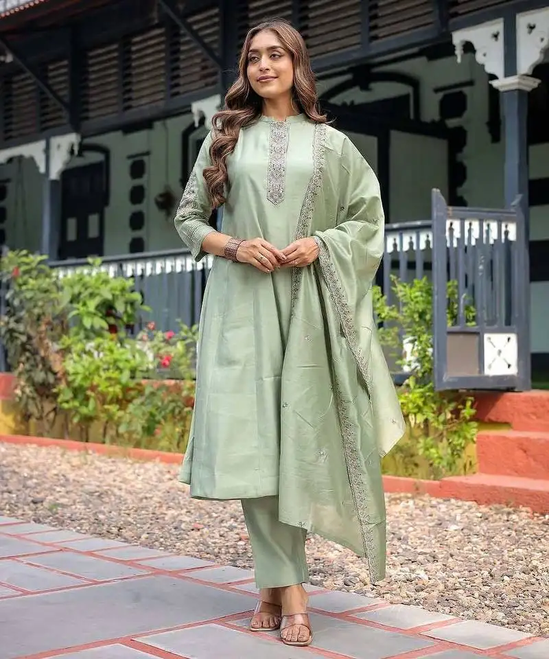 Pista muslin stitched suit with dupatta