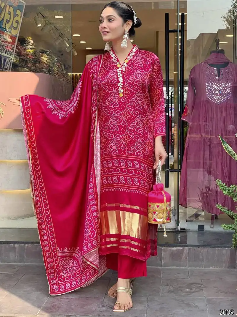 Ethnic festive wear red viscose silk stitched suit with dupatta