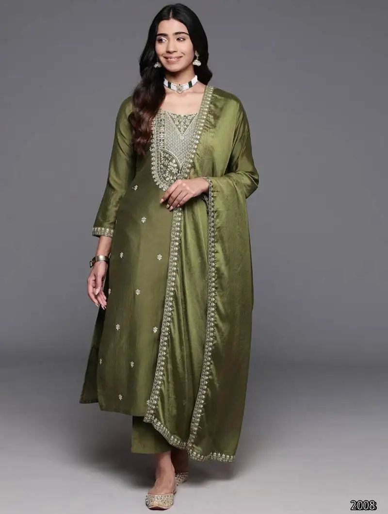 Green chinon viscose stitched suit with dupatta