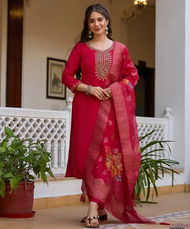 Red viscose chanderi stitched suit with dupatta