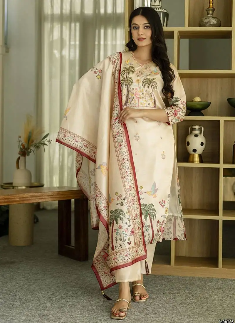 Off white viscose silk stitched suit with dupatta