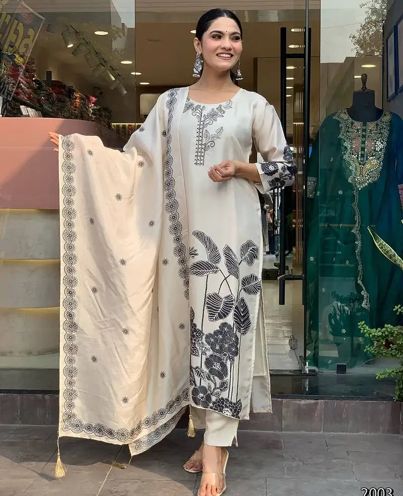 White chanderi stitched suit with dupatta