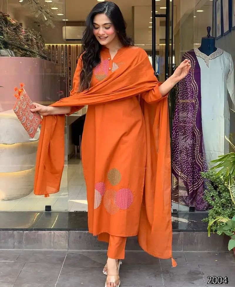 Orange rayon slub stitched suit with dupatta