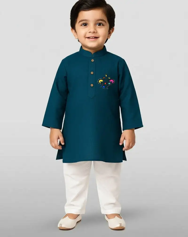 Blue cotton printed kurta set with white pyjama - diwali special